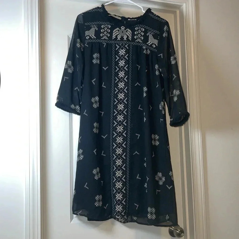 Maison Scotch Mademoiselle Black Aztec Fringe Tunic Dress 3/4 Sleeve - Size 3
